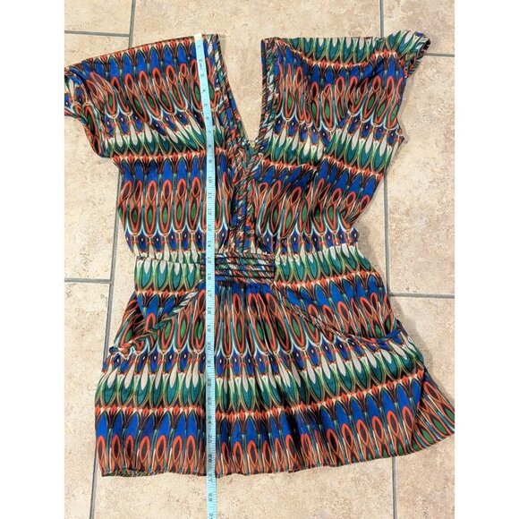 ARYN K Women’s 100% Silk Blouse Flutter Geometric Colorful Festival Aztec Sz S - Picture 11 of 11